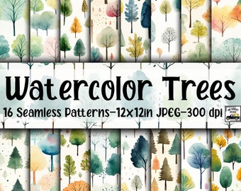 Watercolor Trees SEAMLESS Patterns - Watercolor Trees Digital Paper - 16 Designs - 12x12in - Commercial Use - Watercolor Tree Patterns