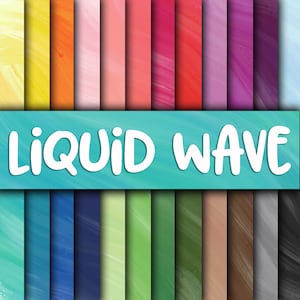 Puede incluir: Un conjunto de 20 fondos de papel digital con un diseño de onda líquida en varios colores, incluyendo amarillo, naranja, rosa, rojo, morado, azul, verde, marrón y gris. El texto "LIQUID WAVE" se muestra en blanco sobre un fondo turquesa.