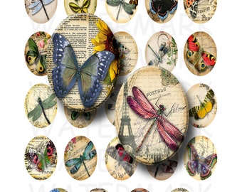 Puede incluir: Conjunto de 16 cabochones de resina ovalados con mariposas y libélulas con diseños de inspiración vintage. Los cabochones miden 30 mm x 40 mm y tienen una variedad de colores y patrones, incluyendo azul, verde, rojo, amarillo y negro.