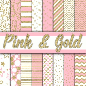 Pink and Gold Digital Paper - Pink and Gold Glitter Textures and Backgrounds -  16 Designs - 12x12in - Commercial Use -  INSTANT DOWNLOAD