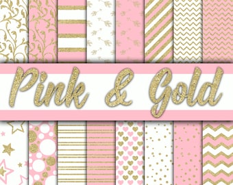 Pink and Gold Digital Paper - Pink and Gold Glitter Textures and Backgrounds -  16 Designs - 12x12in - Commercial Use -  INSTANT DOWNLOAD