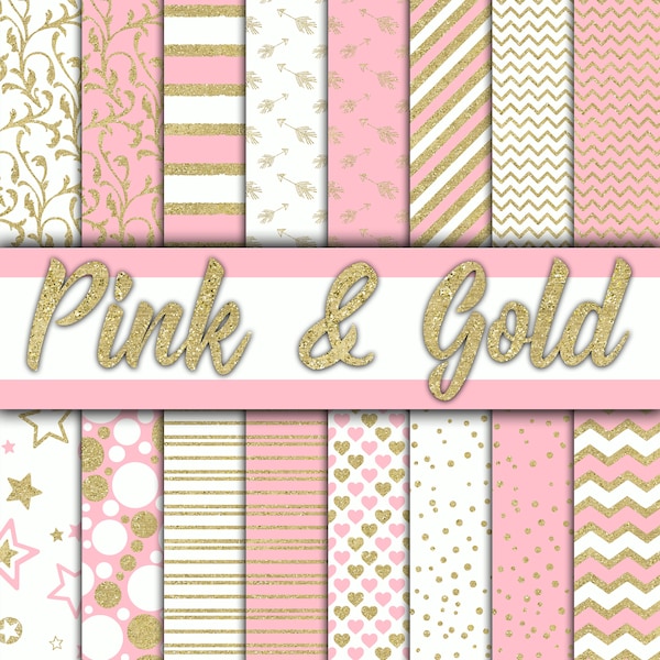 Pink and Gold Digital Paper - Pink and Gold Glitter Textures and Backgrounds -  16 Designs - 12x12in - Commercial Use -  INSTANT DOWNLOAD