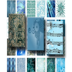 May include: A set of 16 digital paper designs featuring various blue patterns, including floral, geometric, musical notes, and abstract designs. The papers are 1 inch by 2 inches and are perfect for crafting projects.