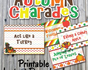 Autumn Charades Party Game Printable - PDF Printable - 32 Different Thanksgiving Charade Prompts on Decorative Cards - INSTANT DOWNLOAD