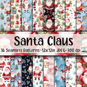 Padrões de Papai Noel em aquarela SEM COSTURA - Papel digital de Natal - 16 designs - 12 x 12 pol - Uso comercial - Papai Noel de Natal