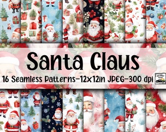 Watercolor Santa Claus SEAMLESS Patterns - Christmas Digital Paper - 16 Designs - 12x12in - Commercial Use - Christmas Santa Claus