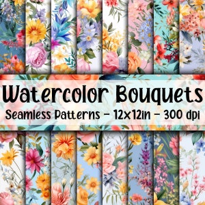 Aquarell Blumensträuße SEAMLESS Muster - Florales Digital Papier - 16 Designs - 12 x 12 Zoll - Kommerzielle Nutzung - Aquarell Blumensträuße Muster