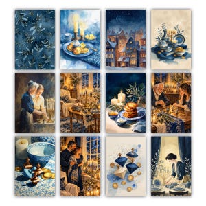 May include: A collection of twelve rectangular art prints featuring watercolor illustrations of Hanukkah themes, including a menorah, dreidels, gold coins, festive table settings, snowy cityscapes, and people celebrating in warm, candlelit interiors.