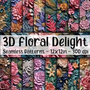 3d Flowers Seamless Patterns -  16 Designs - 12x12in - Commercial Use - 3d Floral Patterns - Flower Digital Papers