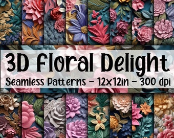 May include: A selection of 3D floral seamless patterns. The patterns showcase diverse flowers in pink, red, yellow, and blue hues. The image includes the text "3D Floral Delight" and "Seamless Patterns - 30.5x30.5cm - 300 dpi".