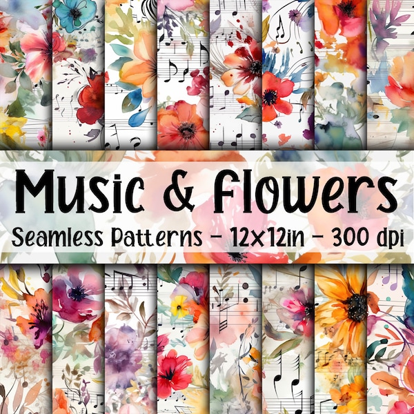 Musique et fleurs SEAMLESS Patterns - Fleurs aquarelle et papier numérique de musique - 16 dessins - 12x12in - Utilisation commerciale - Musique florale