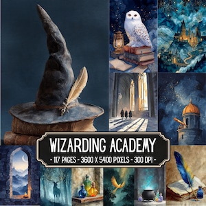 May include: A digital collection titled WIZARDING ACADEMY featuring 117 pages at 3600 x 5400 pixels and 300 DPI. The imagery includes a pointed hat on books, a white owl, a castle, a stone tower, a stag, potion bottles, and a quill on paper.