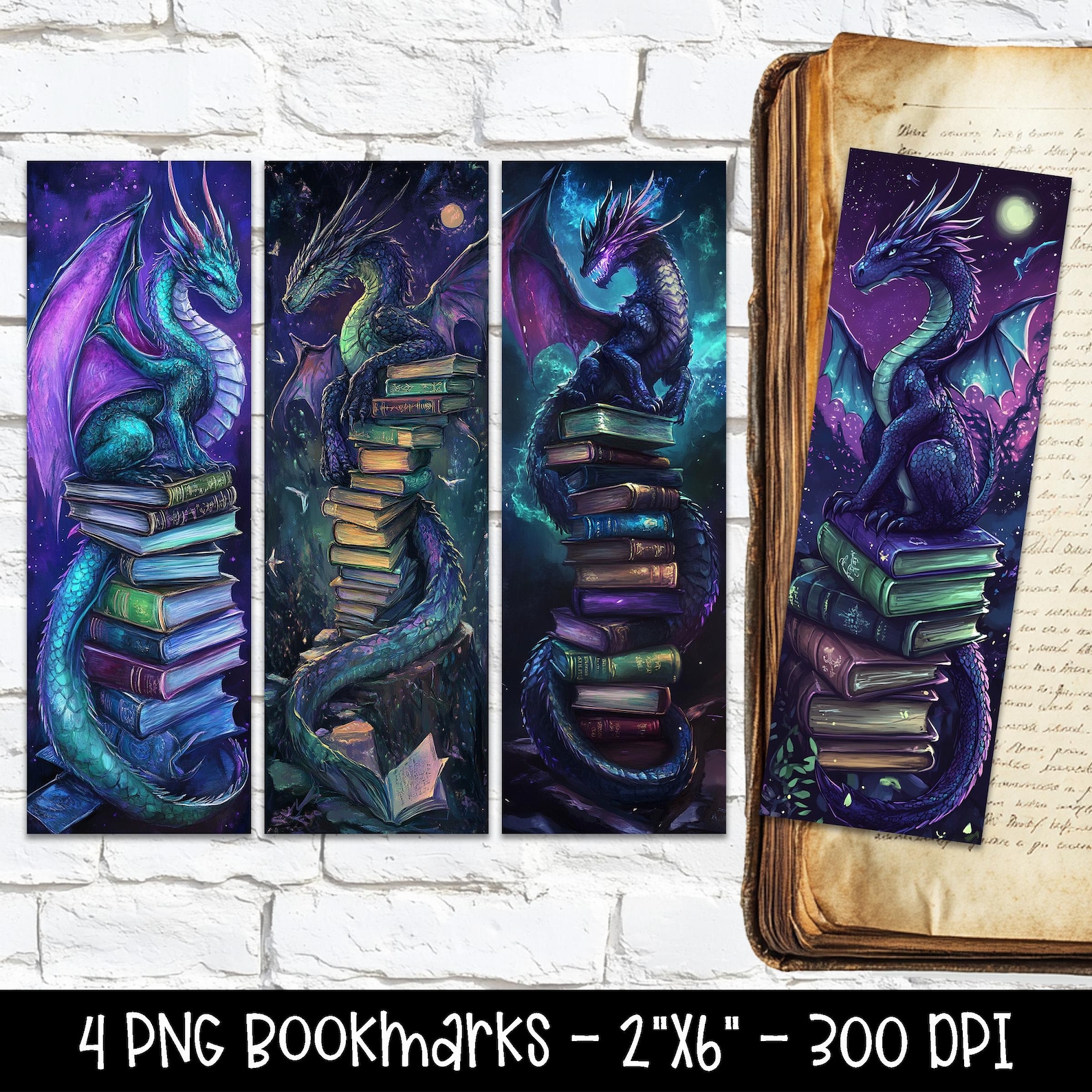 Dragons and Books Bookmarks - 4 PNG Bookmarks - Printable JPG Bookmark ...