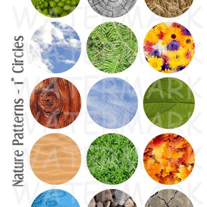 May include: A collection of 12 circles featuring different nature patterns. The circles include a close-up of a green Romanesco broccoli, a tree trunk, wheat stalks, a blue sky with white clouds, a green pine tree, a bouquet of yellow and purple flowers, a piece of wood with knots, a blue sky with white clouds, a green leaf, a sandy beach, a green grassy lawn, a pile of autumn leaves, a blue water surface with raindrops, a pile of gray rocks, and cracked dry earth.