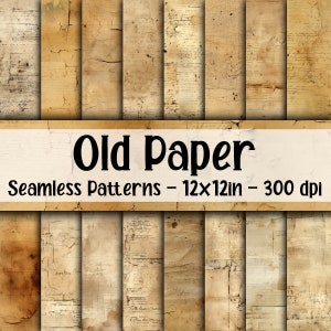 May include: Twelve seamless digital paper patterns in a vintage style. Each pattern features a distressed, aged paper texture with faded writing and markings. The patterns are 12x12 inches and 300 dpi.