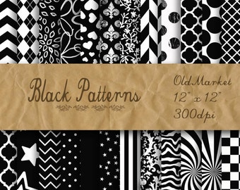 May include: A set of 12 digital paper patterns in black and white. The patterns include geometric shapes, stars, hearts, and floral designs. The papers are 12 inches by 12 inches and 300 dpi.