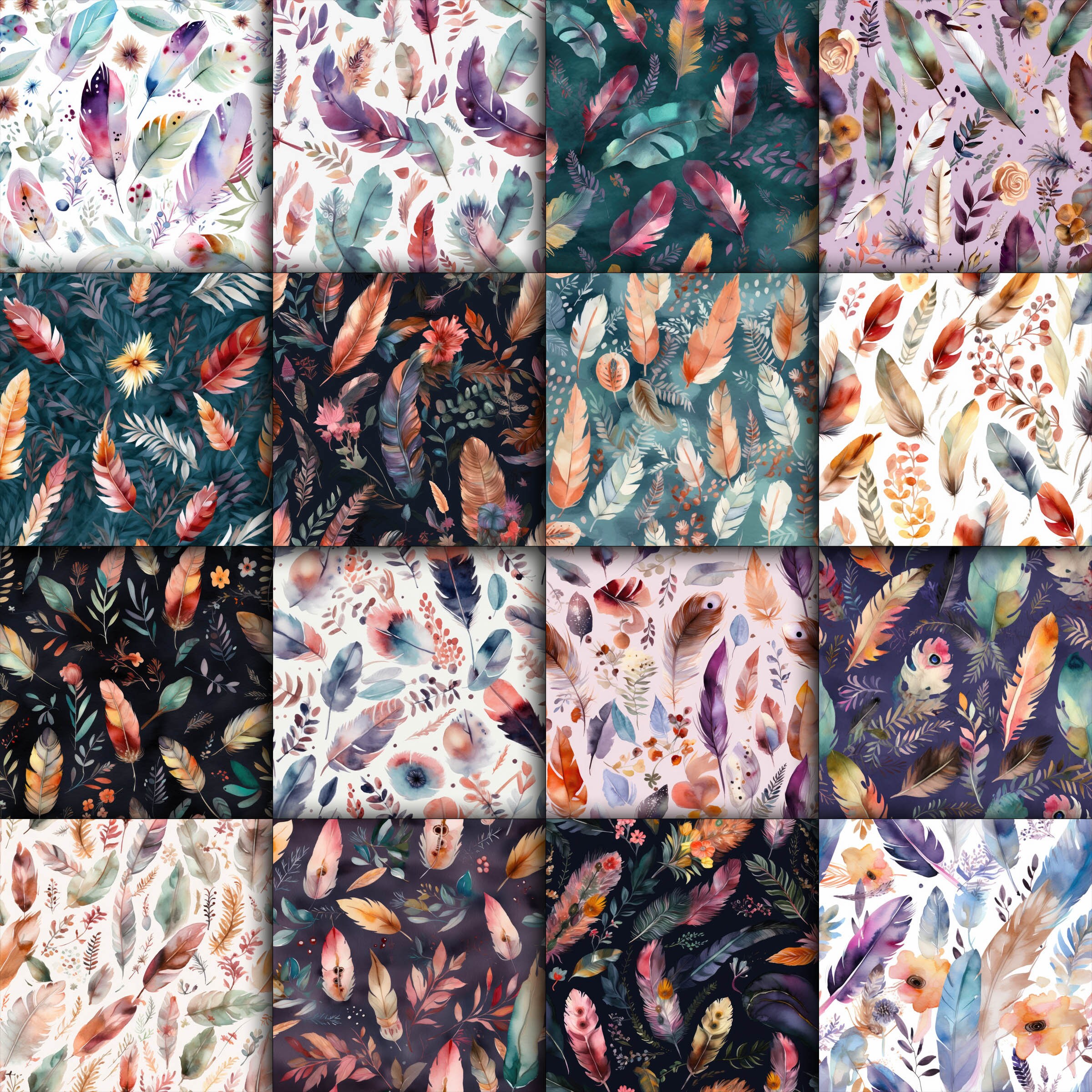 Watercolor Boho Feathers SEAMLESS Patterns - Boho Feathers Digital ...