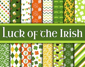 May include: A set of 12 digital paper patterns featuring a variety of St. Patrick's Day themes, including shamrocks, rainbows, and leprechauns. The text "Luck of the Irish" is displayed in a green banner.