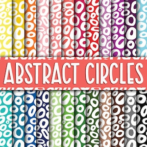 Pode incluir: Um conjunto de 20 padrões de papel digital com círculos brancos abstratos em vários fundos coloridos. Os padrões são sem costura e podem ser usados para scrapbooking, criação de cartões e outros projetos de artesanato. O texto "ABSTRACT CIRCLES" é exibido em letras brancas em uma faixa rosa.