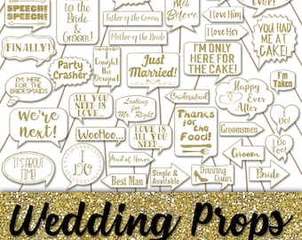 Wedding Photo Booth Prop Signs and Decorations - Gold Glitter Wedding Printables - Over 50 Images - Printable Wedding Photobooth Props