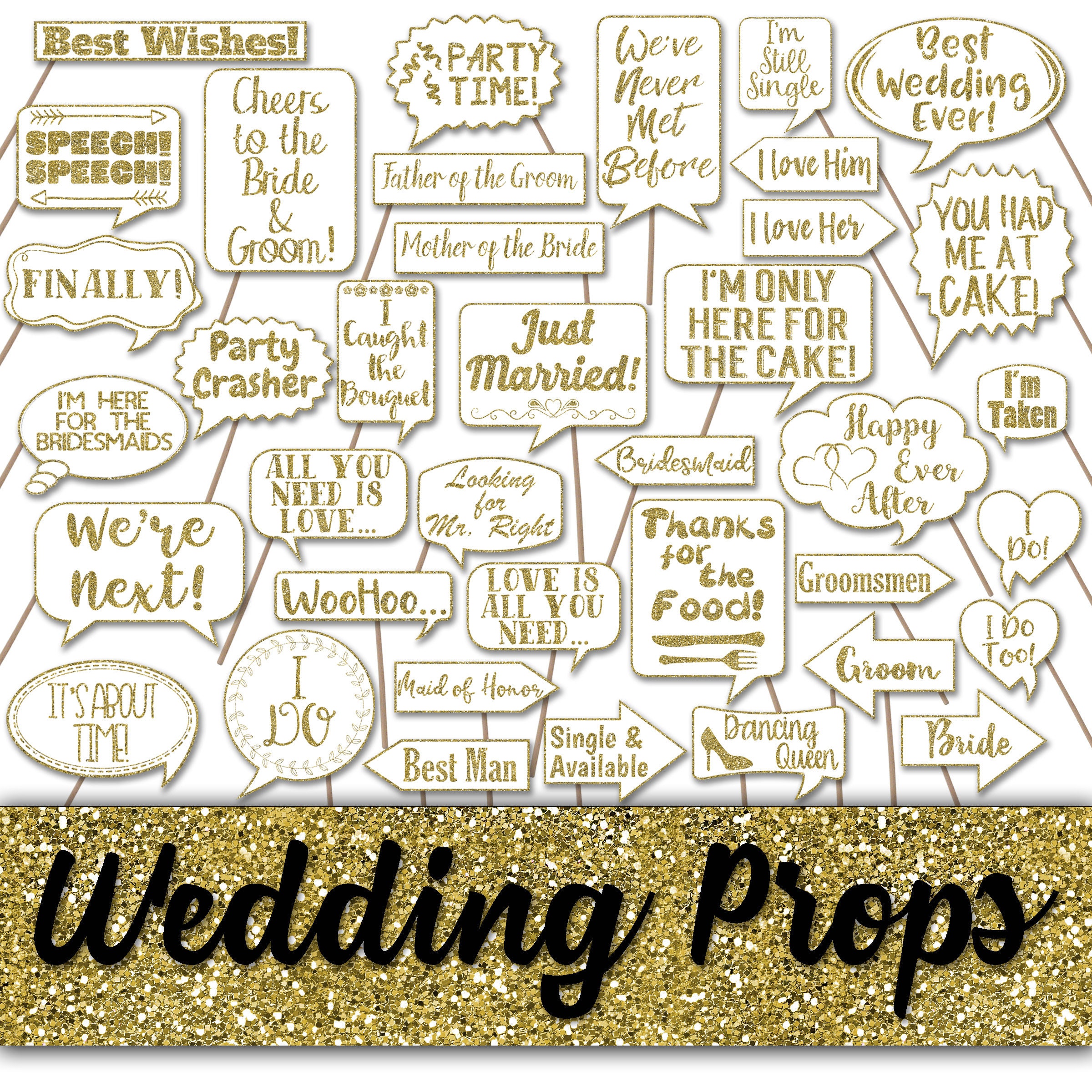 Wedding Photo Booth Prop Signs and Decorations - Gold Glitter Wedding Printables - Over 50 Images - Printable Wedding Photobooth Props