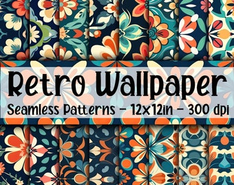 Retro Floral Wallpaper SEAMLESS Patterns - Retro Flowers Digital Paper - 16 Designs - 12x12 - Commercial Use - Retro Floral Patterns