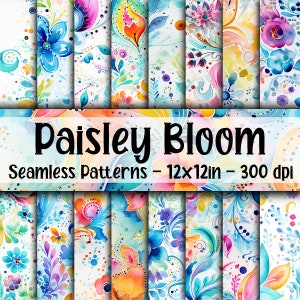 Watercolor Paisley Bloom SEAMLESS Patterns - Flowers Digital Paper - 16 Designs - 12x12in - Commercial Use - Paisley Patterns