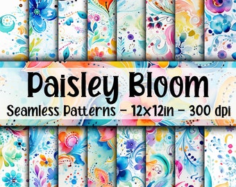 Watercolor Paisley Bloom SEAMLESS Patterns - Flowers Digital Paper - 16 Designs - 12x12in - Commercial Use - Paisley Patterns