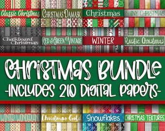 Christmas Digital Paper Bundle - Includes 210 Digital Papers - Christmas Scrapbook Paper Backgrounds -  12x12in - Commercial Use