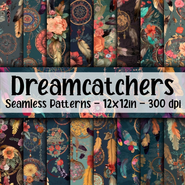 Dreamcatchers SEAMLESS Patterns - Bohemian Dreamcatcher Digital Paper - 16 Designs - 12x12in - Commercial Use - Dreamcatcher Designs