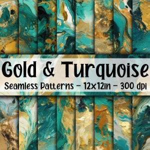 Gold und Türkis SEAMLESS Muster - Abstraktes Gold und Türkis Digitales Papier - 16 Designs - 30,5 x 30 cm - Kommerzielle Nutzung - Abstrakte Farbe