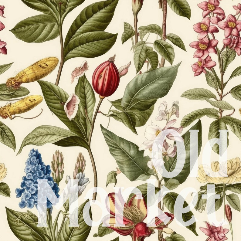 May include: A vintage botanical illustration featuring a variety of flowers and plants, including pink flowers, yellow flowers, blue flowers, and green leaves. The background is a cream color.