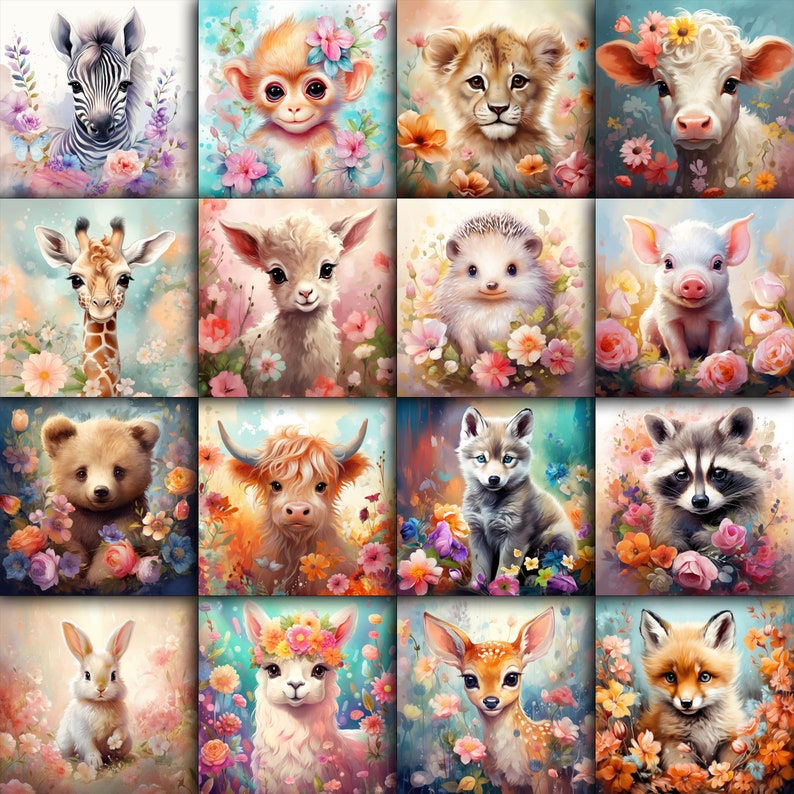 Baby dieren digitaal papier schattige baby dieren achtergronden Animal Junk Journal 16 ontwerpen 12in x 12in commercieel gebruik afbeelding 4