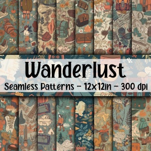 以下が含まれることがあります： 12種類のデジタルシームレスパターンセットで、気まぐれな旅行をテーマにしています。パターンには、ハイキングブーツ、バックパック、テント、その他の旅行関連アイテムのイラストが、さまざまな色とスタイルで描かれています。パターンは12x12インチで、300dpiです。