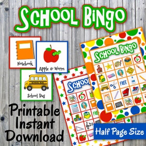 School Bingo Printable PDF - 30 different Cards - End of School Year - Back to School - Party Game Printable - Memory Game -INSTANT DOWNLOAD