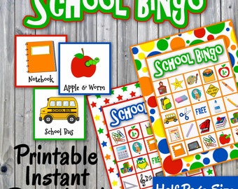 Bingo escolar imprimible en formato PDF - 30 tarjetas diferentes - Fin de año escolar - Regreso a clases - Juego de fiesta imprimible - Juego de memoria - DESCARGA INMEDIATA