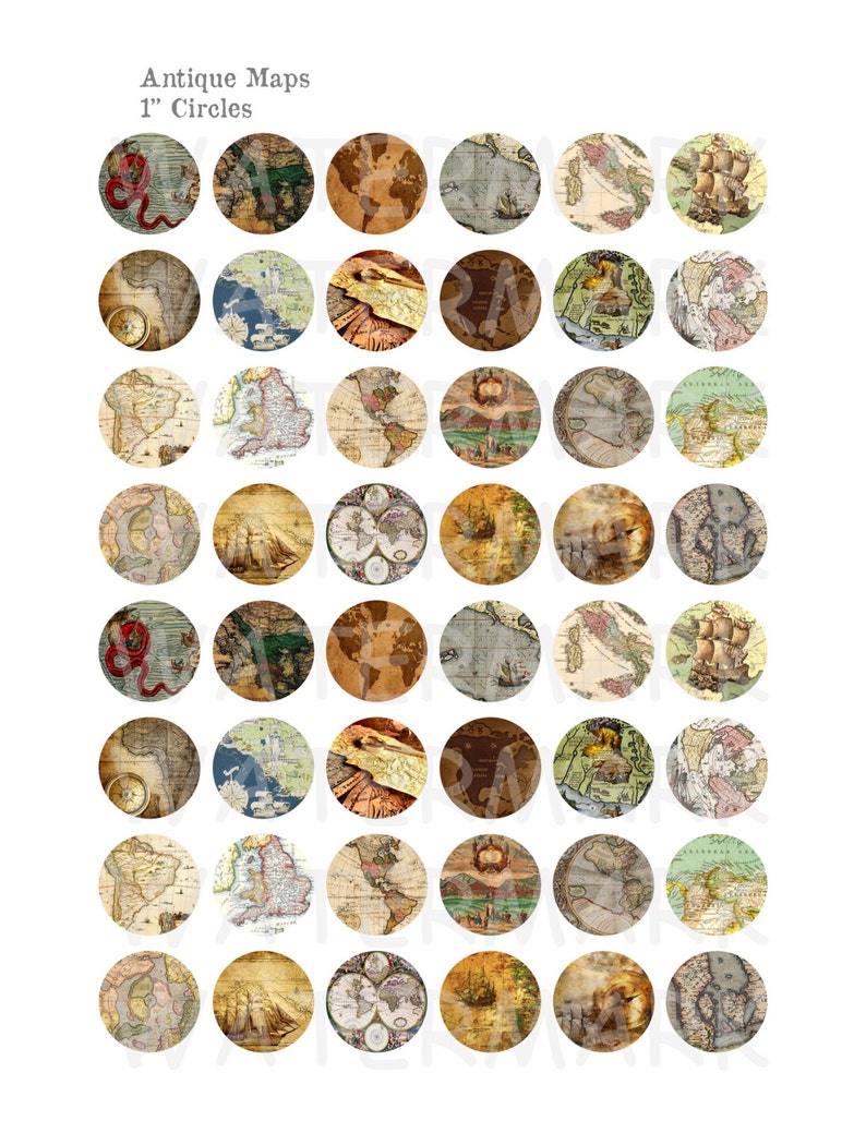 Antique Maps - Digital Collage Sheet - 1 Inch Round Circles - INSTANT ...