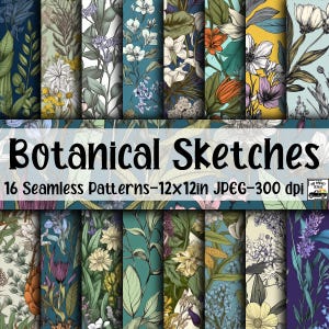 Botanische schetsen NAADLOZE patronen - Vintage bloemen digitaal papier - 16 ontwerpen - 12 x 12 inch - commercieel gebruik - bloemenschetsen