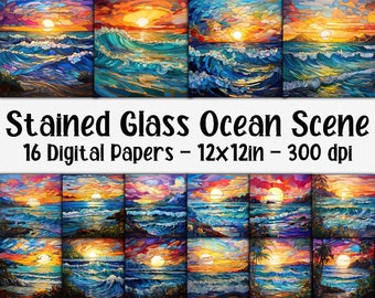 Stained Glass Ocean Scenes Digital Papers - Ocean Stained Glass Backgrounds - 16 Designs - 12in x 12in - Commercial Use