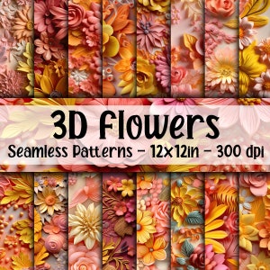 3D-Blumen in Pink und Gelb - 3D-Blumen-nahtlose Muster - 16 Designs - 12 x 12 Zoll - Kommerzielle Nutzung - 3D-Blumen-Sublimation