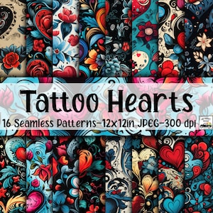 Tattoo Hearts SEAMLESS Patterns - Tattoo Hearts Digital Paper - 16 Designs - 12x12in - Commercial Use - Heart Digital Papers