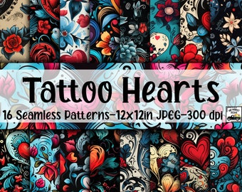 Tattoo Hearts SEAMLESS Patterns - Tattoo Hearts Digital Paper - 16 Designs - 12x12in - Commercial Use - Heart Digital Papers