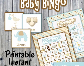 Baby Bingo Printable PDF - 30 different Cards - Boy Colors - Baby Shower Games - Party Game Printable - INSTANT DOWNLOAD