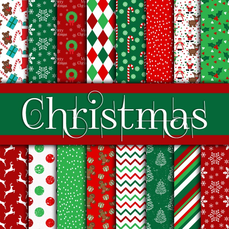 Christmas Digital Paper - Red and Green Christmas Backgrounds - Winter Papers - 16 Designs - 12in x 12in - Commercial Use - INSTANT DOWNLOAD 