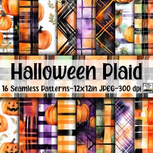 Halloween Plaid SEAMLESS Patterns - Halloween Digital Paper - 16 Designs - 12x12in - Commercial Use - Watercolor Halloween Digital Papers