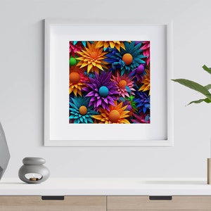 Op de afbeelding: Een ingelijst afdruk van een kleurrijk abstract bloemenmotief. De bloemen zijn gemaakt van papier en zijn in een cluster gerangschikt. De kleuren zijn helder en levendig, waaronder roze, paars, blauw, geel, oranje en groen.