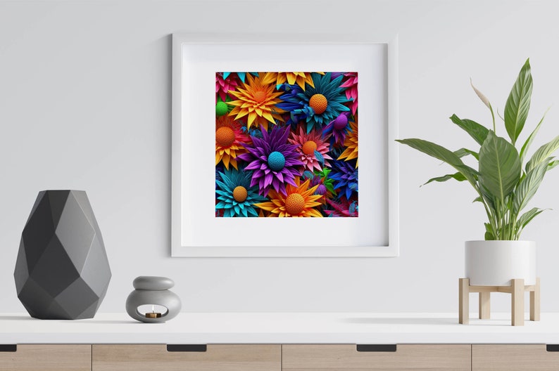 Op de afbeelding: Een ingelijst afdruk van een kleurrijk abstract bloemenmotief. De bloemen zijn gemaakt van papier en zijn in een cluster gerangschikt. De kleuren zijn helder en levendig, waaronder roze, paars, blauw, geel, oranje en groen.