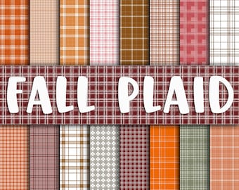 May include: A set of 16 digital paper patterns featuring various plaid designs in autumnal colours such as orange, red, brown, and white. The text "FALL PLAID" is displayed in white letters on a burgundy plaid background.