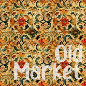 May include: A seamless pattern featuring a repeating design of stylised flowers and leaves in shades of red, yellow, green, and brown. The background is a light yellow colour.