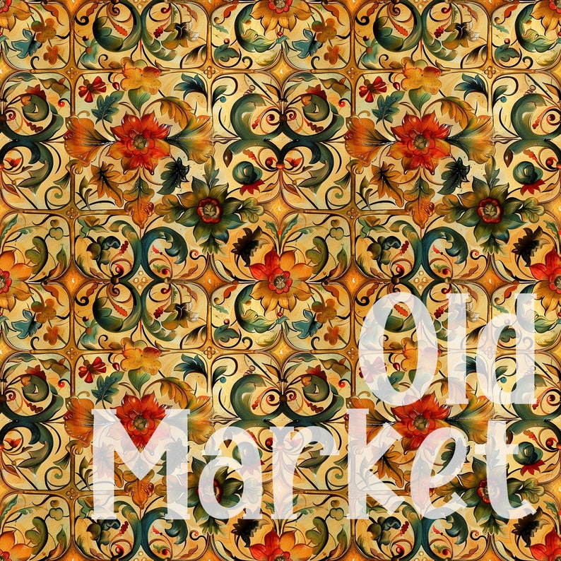 May include: A seamless pattern featuring a repeating design of stylised flowers and leaves in shades of red, yellow, green, and brown. The background is a light yellow colour.